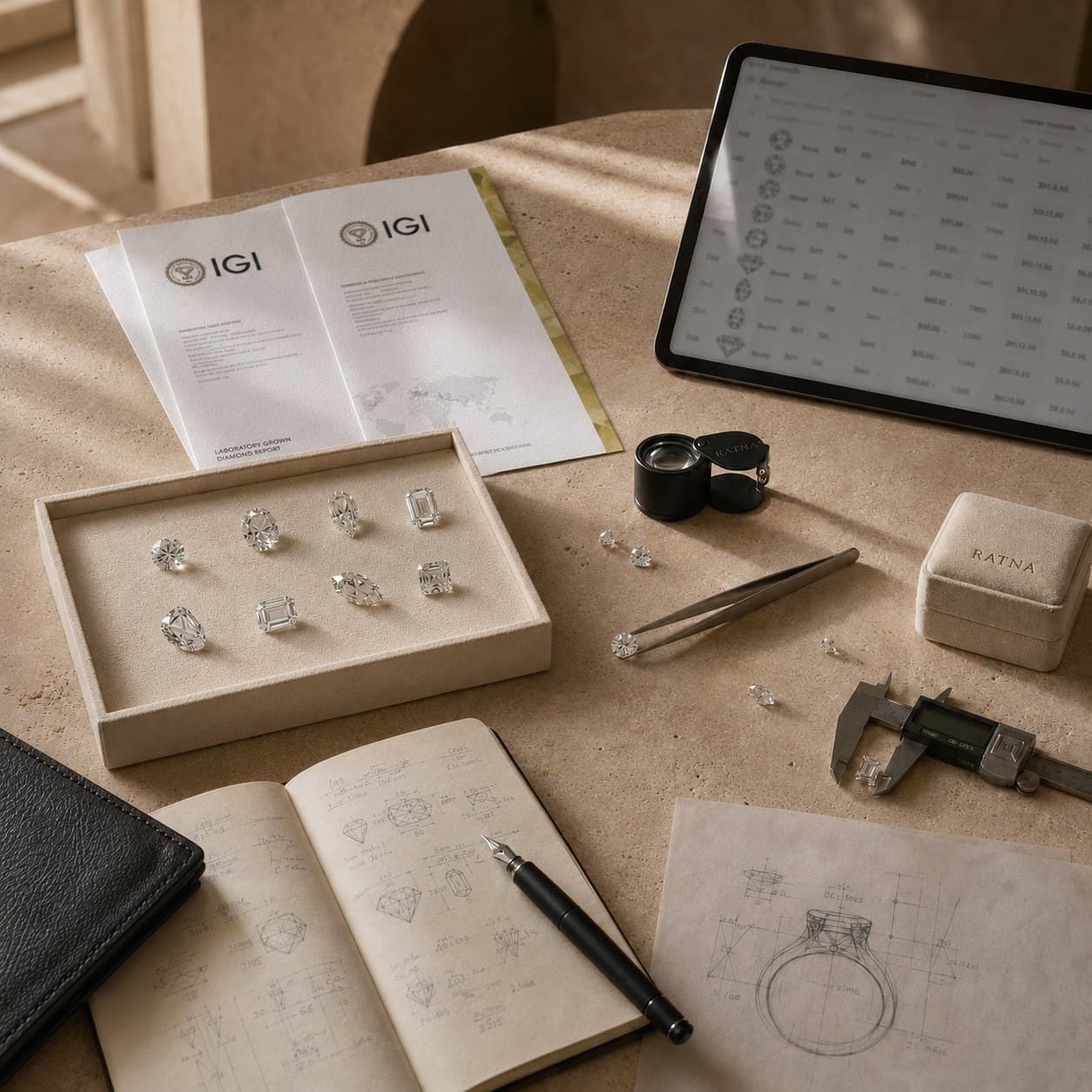 Certified diamonds and RATNA consultation materials arranged on a warm stone work surface